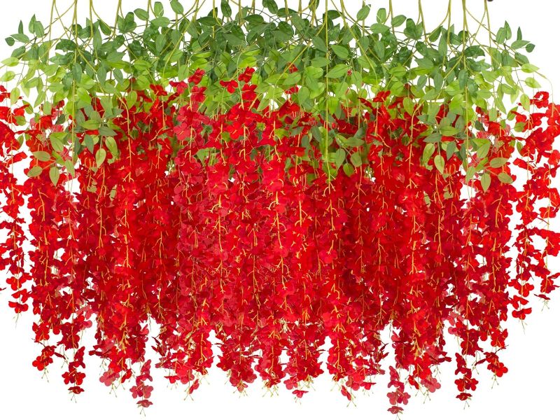 Photo 1 of 24 Pack Artificial Fake Wisteria Vine Ratta (3.75 Feet) Hanging Garland Silk Flowers String Home Party Wedding Decor (Red)
