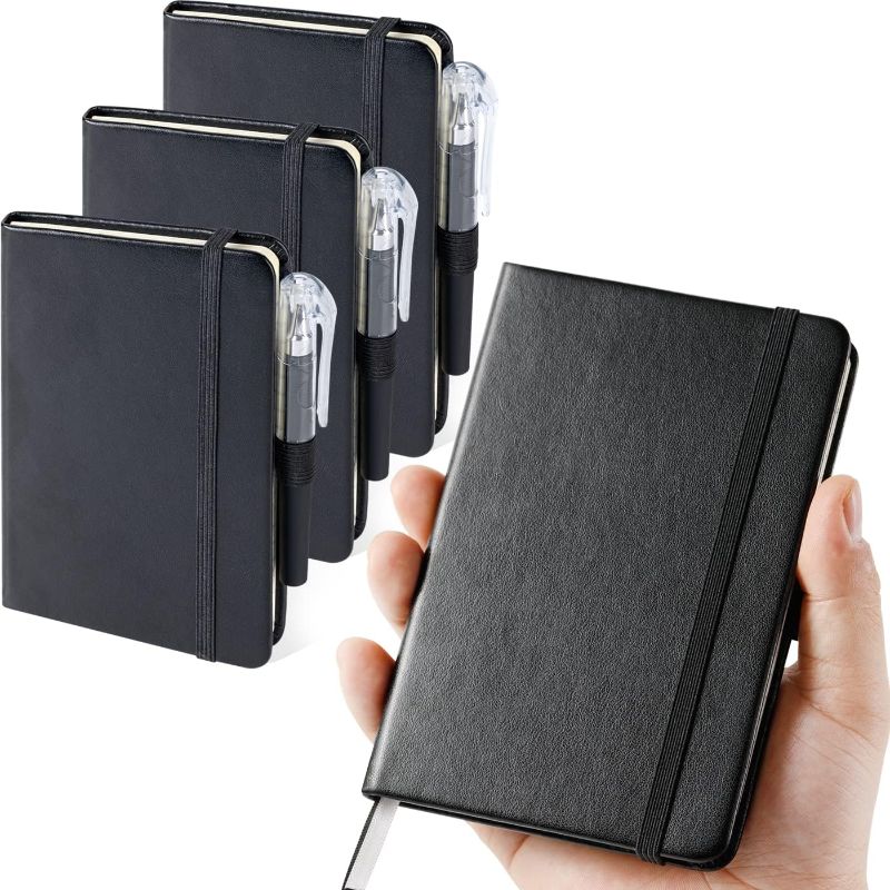 Photo 1 of (3 Pack) Pocket Notebook Journal, Hardcover Small Mini Notebooks with Pens for Work, 3.7" x 5.7" A6 Notebook College Ruled with 100Gsm Premium Thick Lined Paper, Black Leather