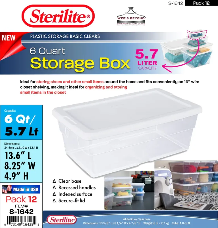 Photo 3 of #S-1642 STERILITE PLASTIC 6 QUART STORAGE SHOE BOX (CASE PACK 12 PCS)