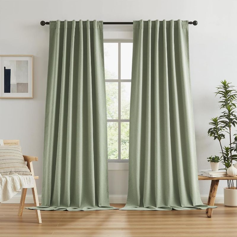 Photo 1 of KEQIAOSUOCAI Extra Long Blackout Linen Curtains 120 Inches Long, Back Tab Loop Pocket Hook Belt Long Drapes for High Ceiling Loft Living Room 50 x 120 Inch, 10 FT Tall, 2 Panels, Sage Green 50"W x 120"L Sage