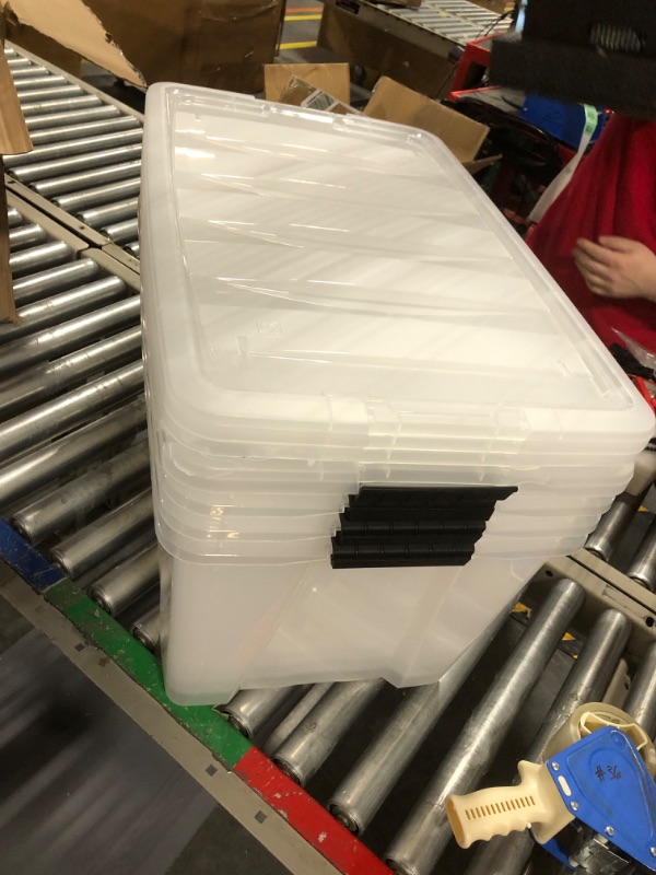 Photo 1 of **USED**FOR PARTS**IRIS USA 72 Qt. Plastic Storage Bin Tote Organizing Container with Durable Lid and Secure Latching Buckles, Stackable and Nestable, 4 Pack, Crystal Clear 72 Qt. - 4 Pack, Crystal Clear