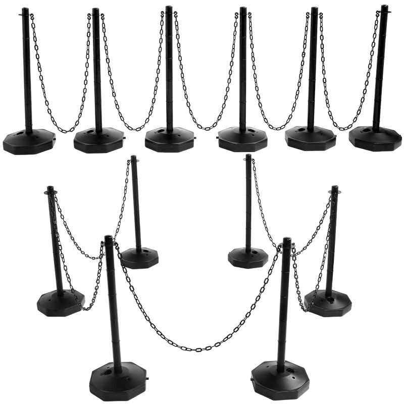 Photo 1 of 12 Pack Plastic Stanchion Post, Crowd Control Barriers with Fillable Base 5FT Chain, Plastic Barricade Stanchion Black Traffic Safety Barrier Posts for Parking Lot Construction Cones