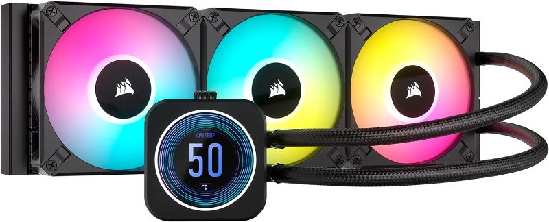 Photo 1 of Corsair iCUE H150i Elite LCD XT Liquid CPU Cooler - IPS LCD Screen - Three AF120 RGB Elite Fans - 360mm Radiator - Fits Intel® LGA 1700, AMD® AM5, and More - Included iCUE Commander CORE - Black
