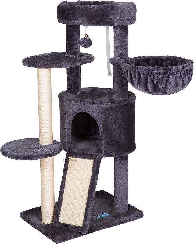 Photo 1 of 
Hey-brother Cat Tree with Scratching Board, Cat Tower with Padded Plush Perch and Cozy Basket, Multi-Platform for Jump, Smoky Gray MPJ005G
Size:15.8"L x 11.8"W x 37.4"H
