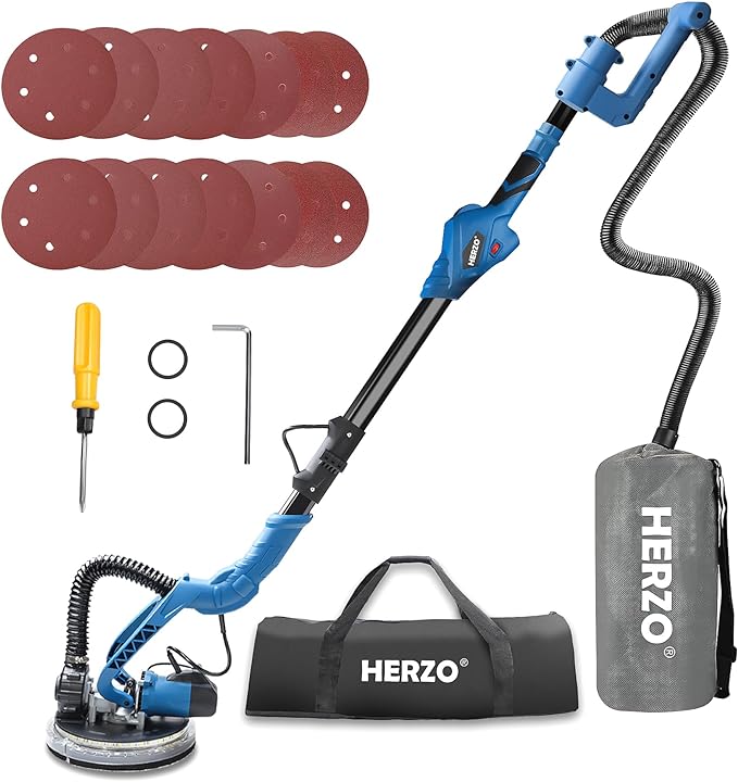 Photo 1 of HERZO Drywall Sander,750W 6.5A Electric Sander with Variable Speed 1000-1850 RPM,Vacuum Attachment Powerful Wall Sander with 12Pcs Sanding discs,Extendable Handle, LED Light 