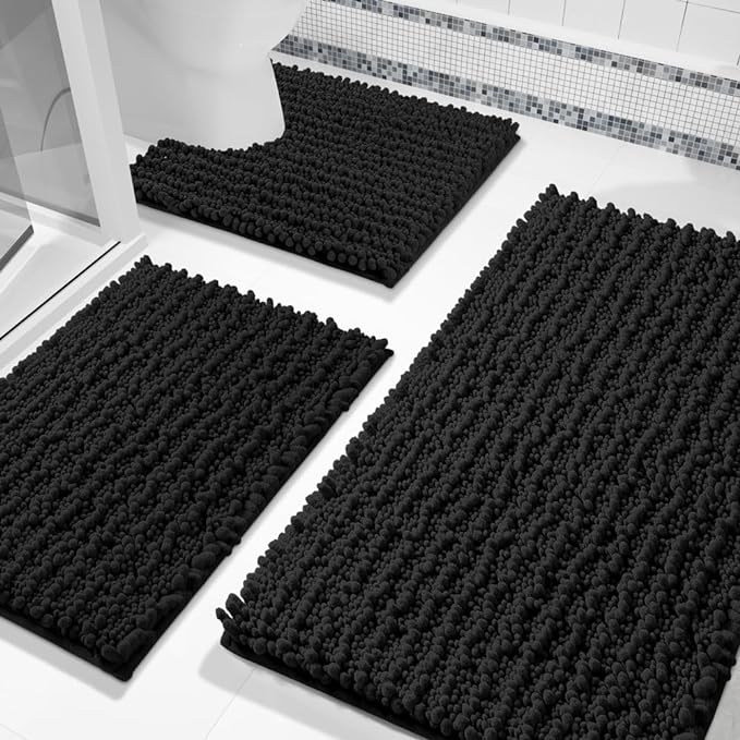 Photo 1 of Yimobra Bathroom Rugs Sets 3 Piece, Fluffy Plush Chenille Baht Room Mats Sets with Toilet Rug U Shaped, Soft Shaggy Absorbent Non Slip Shower Rug for Sink, Laundry Room Mat, Machine Washable, Black