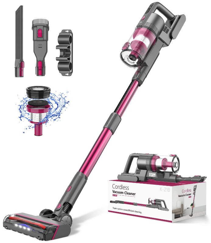 Photo 1 of Fykee Cordless Vacuum Cleaner, 2200 mAh Vacuum Cleaner with 2 Adjustable Modes and 80,000 PRM Brushless Motor, Detachable Stick Vacuum up to 35 Mins Worktime for Floor and Carpet, Light Red (K-21B)
