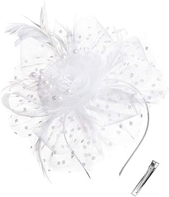 Photo 1 of AIBOMEI Fascinators for Women and Girls Cocktail Tea Party Headwear Mesh Ribbons Feathers on a Headband 