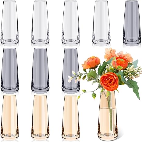 Photo 1 of 12 Pieces Glass Bud Vase Small Glass Flower Vases for Centerpieces 6 Inch Flower Vase Glass Vase Modern Amber Grey Clear Vase for Office Living Room Kitchen Wedding Decorations
