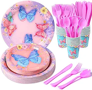 Photo 1 of 100Pcs Butterfly Party Supplies Tableware Set Birthday Party Decorations (Serves 25 Guests) Dinner Plates, Dessert Plates, Cups, Knives, Forks, Spoons. for Kids Adults