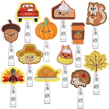 Photo 1 of Huquary 12 Pcs Thanksgiving Badge Reel Cute Pumpkin Holiday Badge Holder Fall Id Name Retractable Maple Leaf Acorn Turkey Nurse Badge Holder Felt Cute Badge Clip for Nurse Doctor