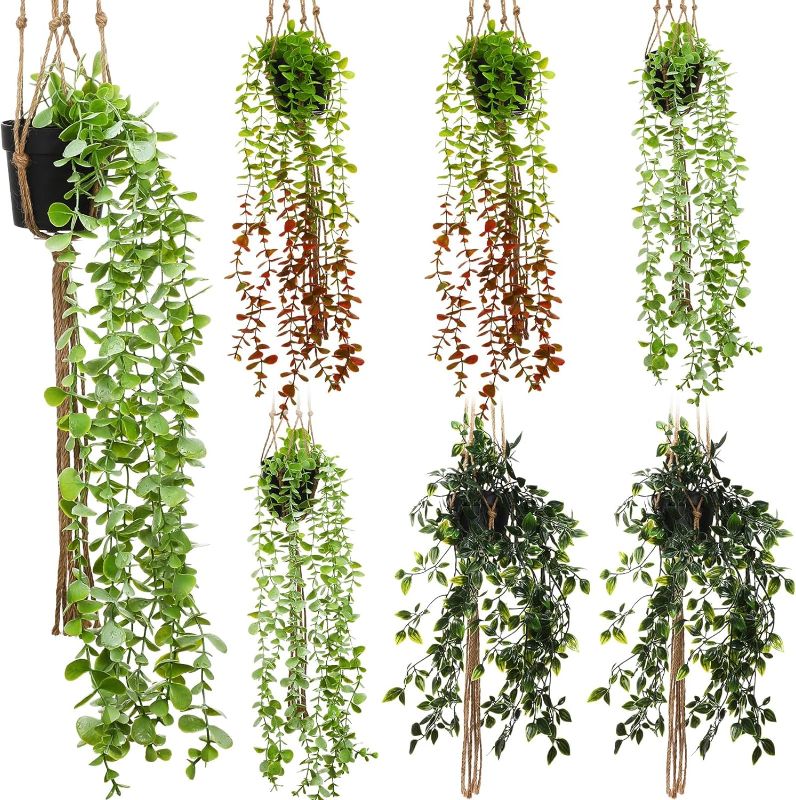 Photo 1 of Zeyune 6 Pcs Artificial Hanging Plants Potted Different Size Fake Hanging Plants Greenery Faux Basket Plant Hangers Mandala Vine, Eucalyptus Vine for Home Wall Shelf Patio Garden Indoor Outdoor Decor
