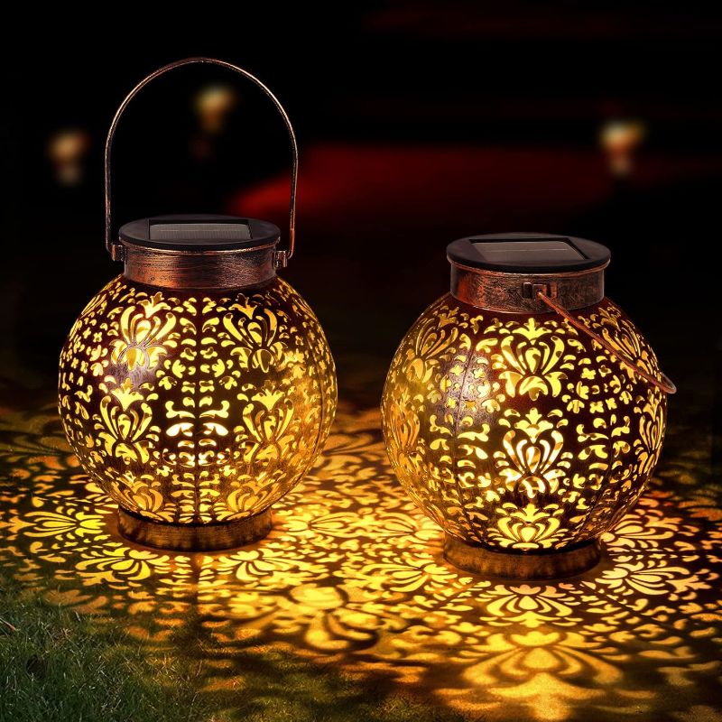 Photo 1 of 2 Pack Outdoor Solar Lanterns Hanging Garden Lights Waterproof Decorative Retro Metal Solar Powered Lantern for Pathway Patio Lawn Yard Table Decorations Christmas Gardening Gifts
