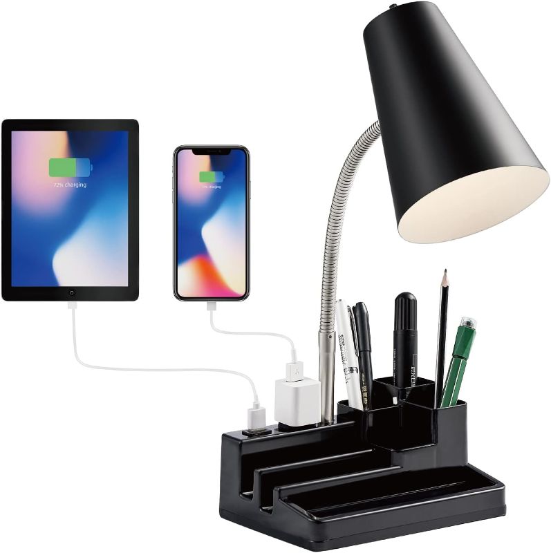 Photo 1 of E26 Desk Lamp with 1 USB Charging Port and 1 AC Outlet, Organizer Base, Adjustable Neck, On/Off Switch, Modern Table Lamp for Reading, Working, Studying, Gentle Warm White Light, Eye Protect 