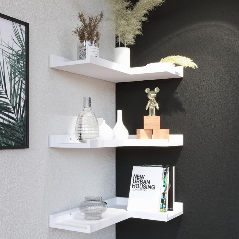 Photo 1 of  Boswillon 3 Tier Corner Floating Shelves with Protective Lip, Modern White Corner Shelves Wall Mounted, Corner Ledge Shelves for Wall Decor, White Shelves for Living Room, Bedroom, Bathroom - White 