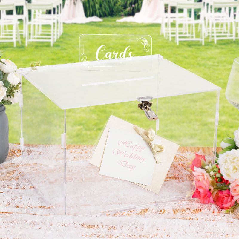 Photo 1 of  Eaezerav Acrylic Wedding Card Box for Wedding Reception, Clear Gift Card Box with Lock and Card Sign, Wedding Money Post Card Holder Box for Party Anniversary Baby Shower Decorations 