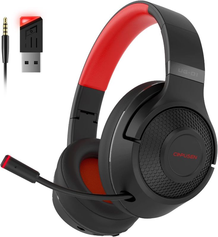 Photo 1 of 2.4Ghz Wireless Gaming Headset for PC, PS5, PS4, MacBook, with Microphone, Over-Ear Bluetooth Headphones for Cell Phone, Soft Earmuff - 40 Hours Playtime, Only Wired Mode for Xbox Series, Red 