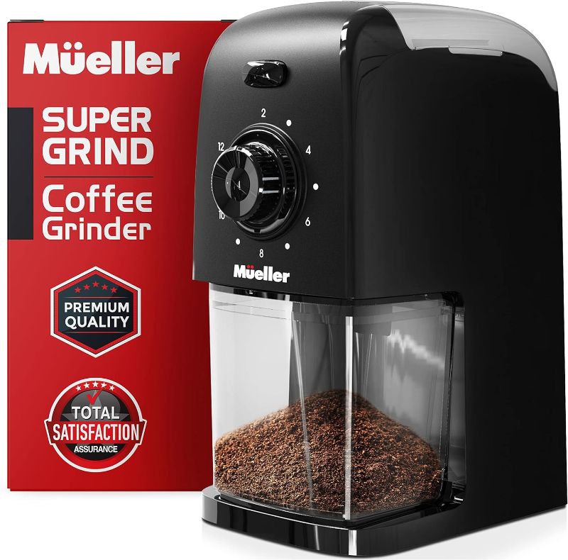 Photo 1 of  Mueller SuperGrind Burr Coffee Grinder Electric with Removable Burr Grinder Part - 12 Cups of Coffee, 17 Grind Settings with 5,8oz/164g Coffee Bean Hopper Capacity, Matte Black 