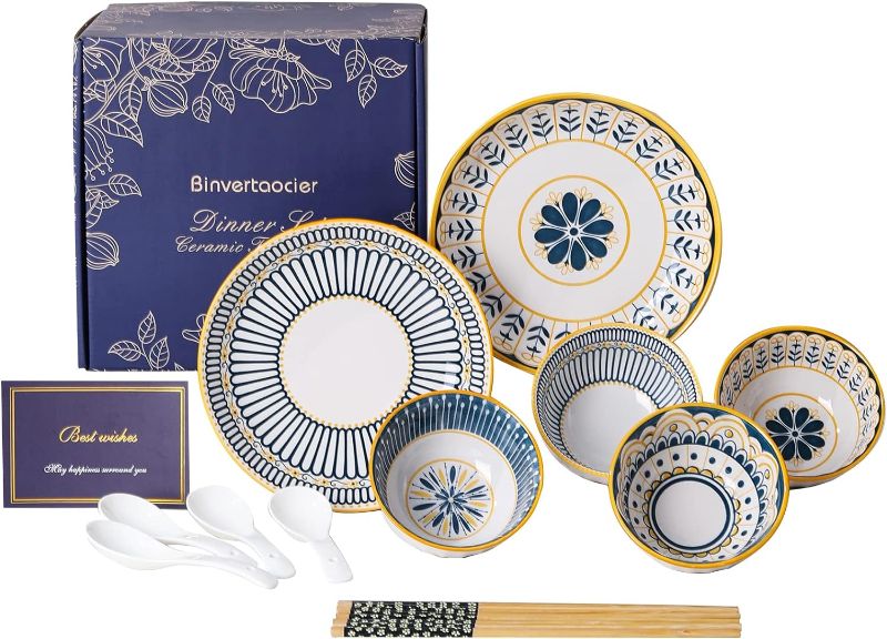 Photo 1 of  Binvertaocier Porcelain Dinnerware Sets for 6, Asian Plates and Bowls Sets, Ceramic Rice Bowls,Bowls for Dessert Ice Cream,Microwave Dishwasher Safe Gifts for Housewarming(Colorful bowls set) 