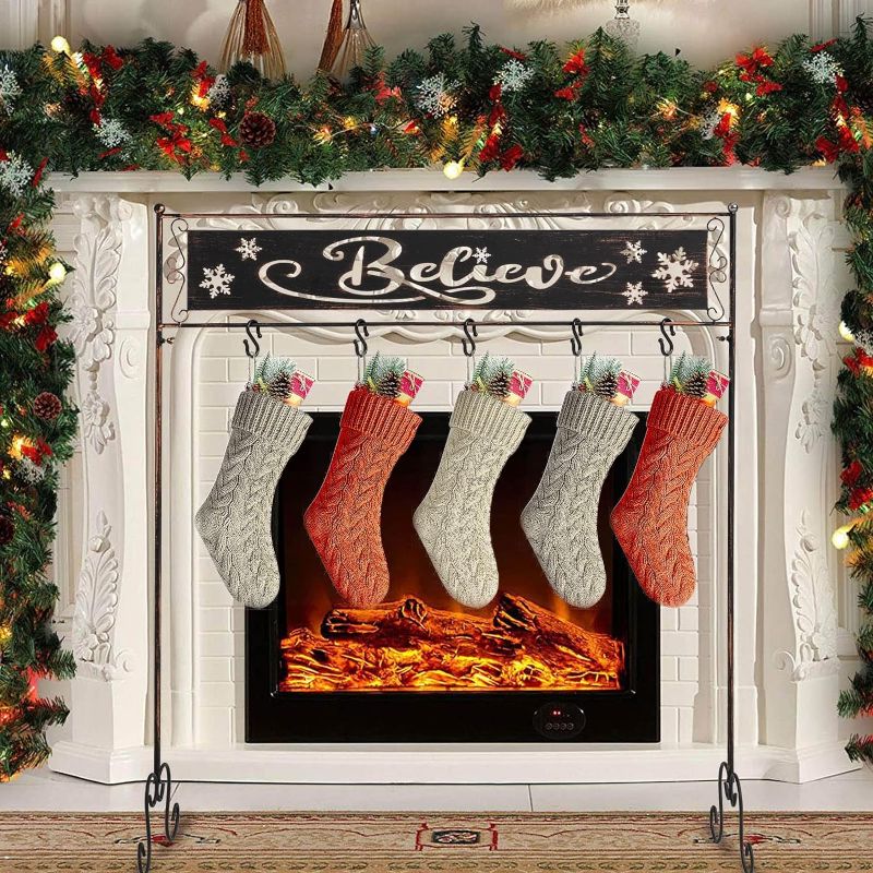 Photo 1 of  YEAHOME Christmas Stocking Holder Stand, Xmas Decor Believe & Snowflake Metal Stocking Stand with Holders, Christmas Decorations for Holiday Party Fireplace Living Room Bedroom 