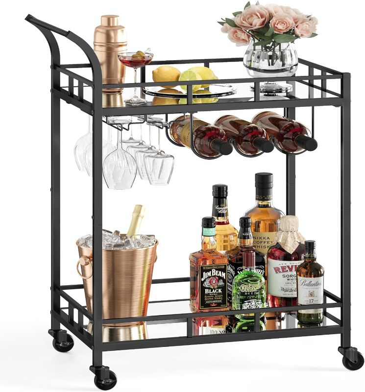 Photo 1 of  VASAGLE Bar Cart Black, Home Bar Serving Cart, Wine Cart with 2 Mirrored Shelves, Wine Holders, Glass Holders, for Kitchen, Dining Room, Black ULRC092B62 