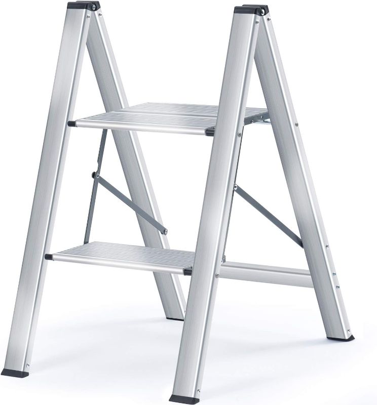 Photo 1 of  KINGRACK Aluminium 2 Step Ladder with Wide Steps, Lightweight Folding Ladder, Portable Slim Step Stool, Safety Household Ladder Stepladder with Multi-Function, 330lbs Load Capacity, Silver 