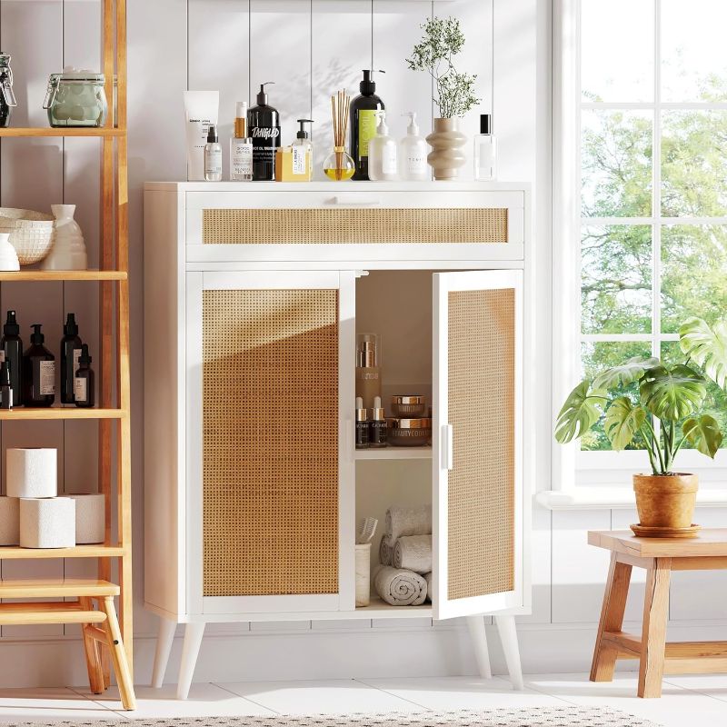 Photo 1 of  Rovaurx Accent Floor Storage Cabinet with Rattan Doors, Bathroom Cabinet with Large Drawer, Freestanding Storage Cabinet Organizer, White and Natural, BMGZ107W 