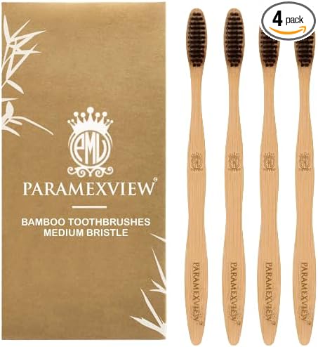 Photo 1 of Paramexview ® Natural Bamboo Toothbrushes Set of 4 | BPA-Free Medium Bristles, Eco-Friendly | Biodegradable Handle, Charcoal Infused and Organic Base