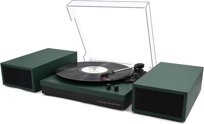 Photo 1 of LP&No.1 Wireless Turntable with Stereo Bookshelf Speakers, Retro Record Player with Wireless Playback, 3 Speed Belt-Drive Vintage Turntable with Auto Off, Vintage Green Wood
