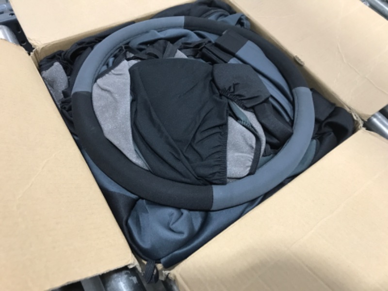 Photo 1 of BDK PolyPro Car Seat Covers Full Set in Charcoal on Black with Steering Wheel Cover & Seat Belt Pads – Front and Rear Split Bench Car Seat Cover, Easy to Install, Interior Covers for Auto Truck SUV Charcoal Gray