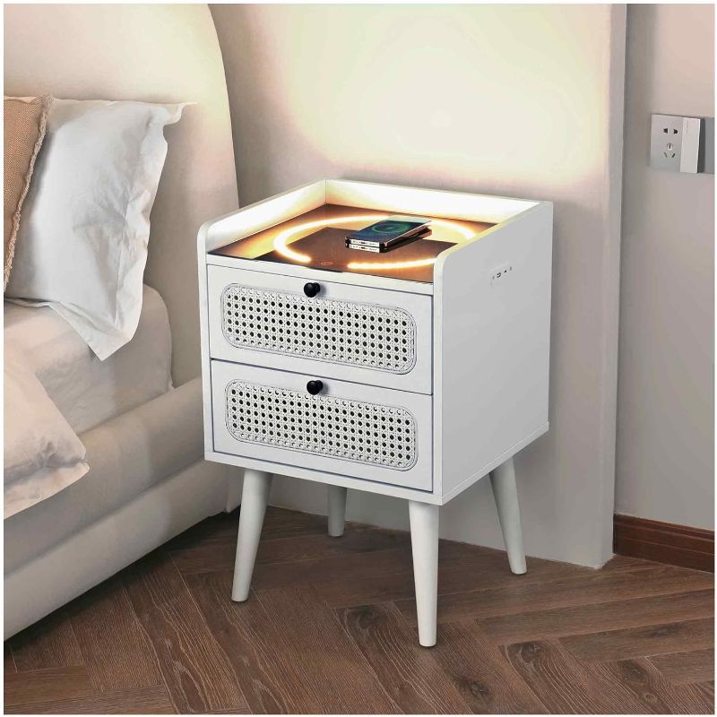 Photo 1 of  Vagusicc Modern Nightstand with Wireless Charging Station and LED Lights, Bedside Table with 2 PE Rattan Drawers, Night Stand with USB Ports and Type-C, Bed Side End Table for Bedroom, Living Room 