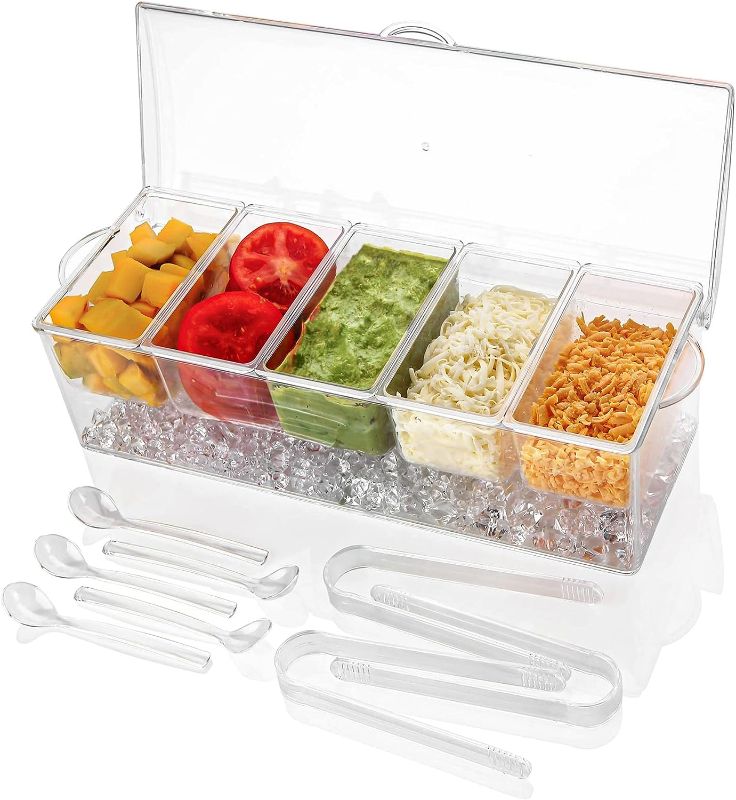 Photo 1 of  IVYHOME Ice Chilled 5 Compartment Condiment Server Caddy | Plastic Storage Food Containers | Serving Tray Container with 5 Removable Dishes Over 2 Cup Capacity Each and Hinged Lid 