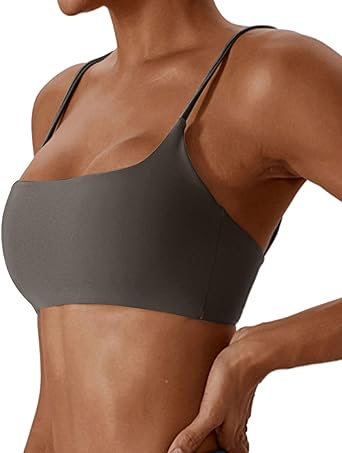 Photo 1 of Comper Sports Bra for Women Wirefree Racerback Workout Bras Sexy Thin Straps Yoga Sport Bras with Removable Pads(Grey-L)