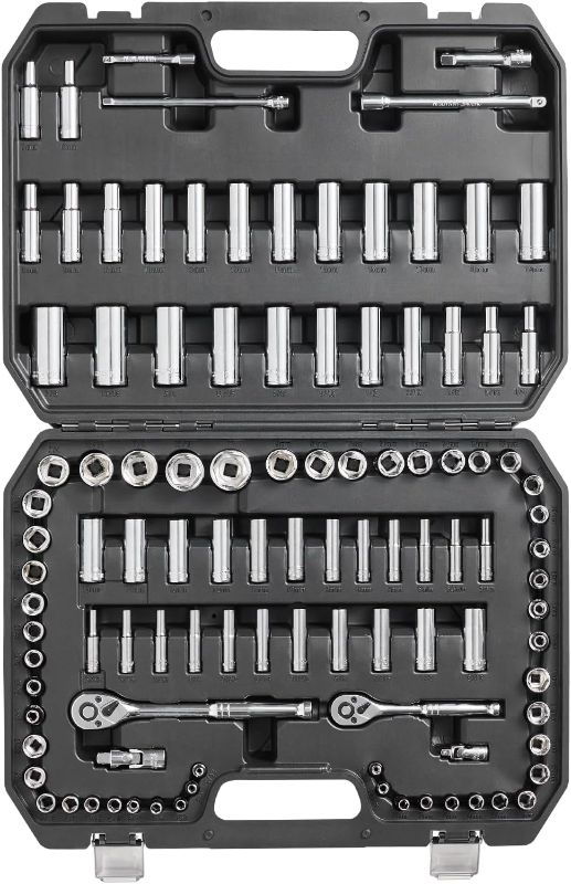 Photo 1 of  VEVOR Socket Set, 1/4" and 3/8" Drive Socket and Ratchet Set, 6-Point Socket Opening, 106 Pcs Tool Set SAE and Metric, Deep and Standard Sockets, 5/32-1 in, 5-19 mm, with Accessories, Storage Case 