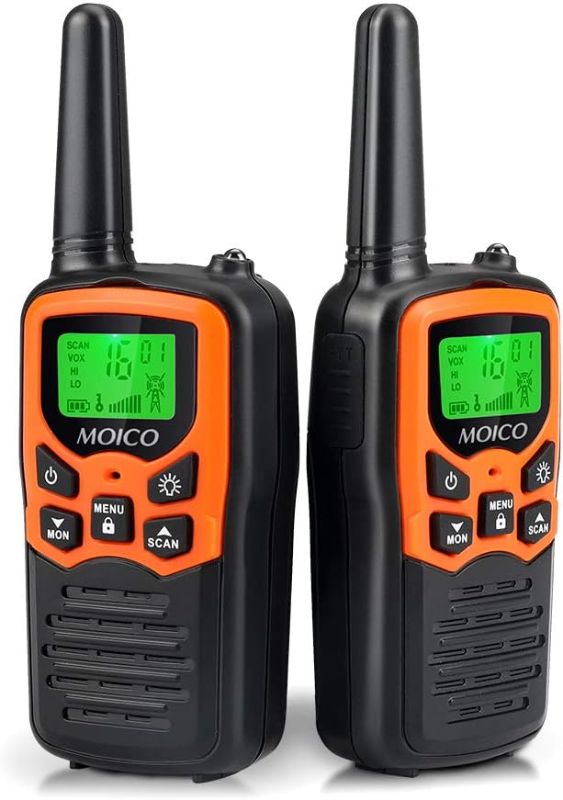 Photo 1 of Walkie Talkies | MOICO Long Range Walkie Talkies for Adults | with 22 FRS Channels | Family Walkie Talkie | with LED Flashlight | VOX LCD Display | for Hiking Camping Trip | Orange 2 Pack | Battery operated
