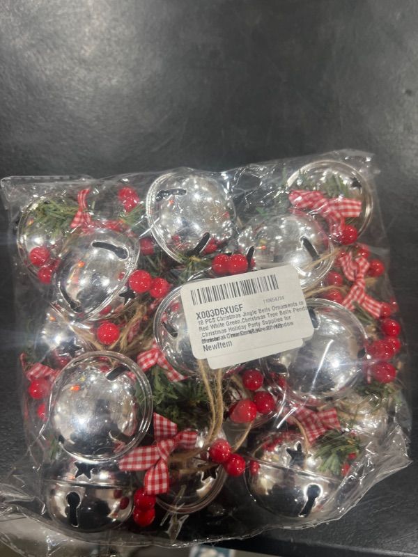 Photo 2 of 18 PCS Christmas Jingle Bells Ornaments in Red White Green,Christmas Tree Bells Pendant,Christmas Holiday Party Supplies for Christmas Tree Decor,Wreath,Window Memorial Ornament(Bell-Silver)