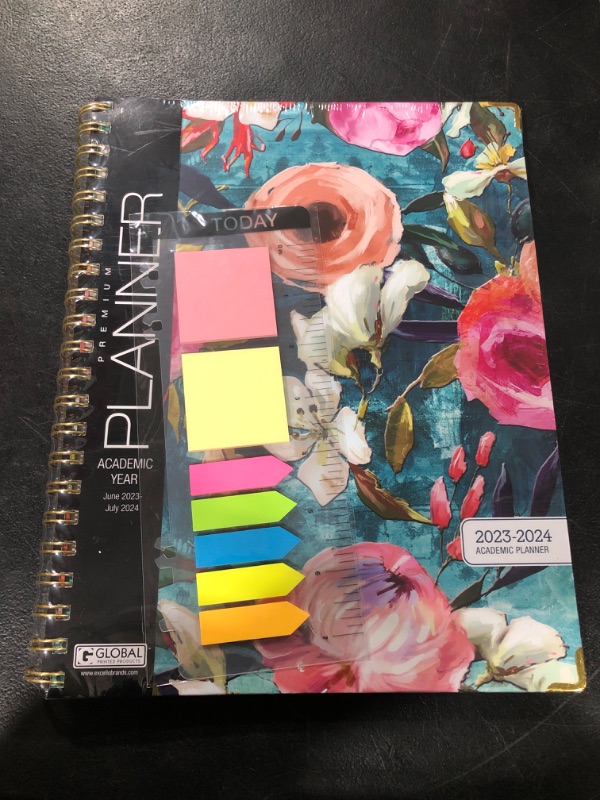 Photo 2 of HARDCOVER Academic Year 2023-2024 Planner: (June 2023 Through July 2024) 8.5"x11" Daily Weekly Monthly Planner Yearly Agenda. Bookmark, Pocket Folder and Sticky Note Set (Teal Floral) LARGE: 8.5" x 11"