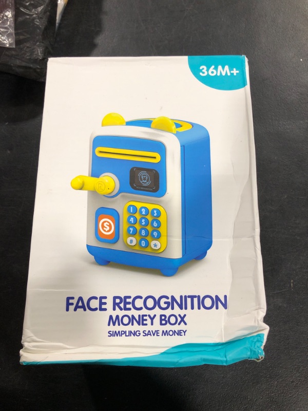 Photo 2 of Afuosy Piggy Bank for Boys & Girls, Electronic Money Box, Automatic Paper Money Scroll ATM Money Bank, Cash Coin Can with Password & Simulated Face Recognition, Great Gift for Kids (Blue) 