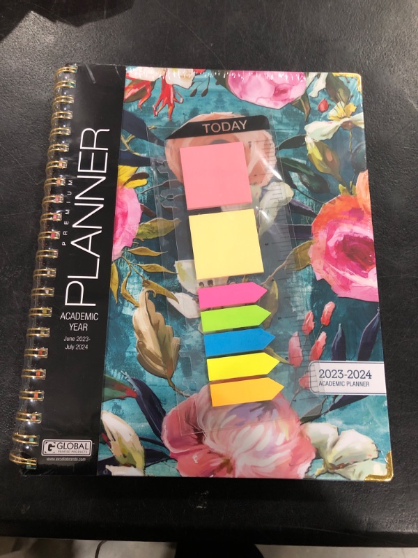 Photo 2 of HARDCOVER Academic Year 2023-2024 Planner: (June 2023 Through July 2024) 8.5"x11" Daily Weekly Monthly Planner Yearly Agenda. Bookmark, Pocket Folder and Sticky Note Set (Teal Floral) LARGE: 8.5" x 11"