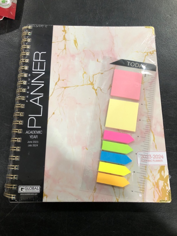 Photo 2 of HARDCOVER Academic Year 2023-2024 Planner: (June 2023 Through July 2024) 8.5"x11" Daily Weekly Monthly Planner Yearly Agenda. Bookmark, Pocket Folder and Sticky Note Set (Pink Marble) LARGE: 8.5" x 11"