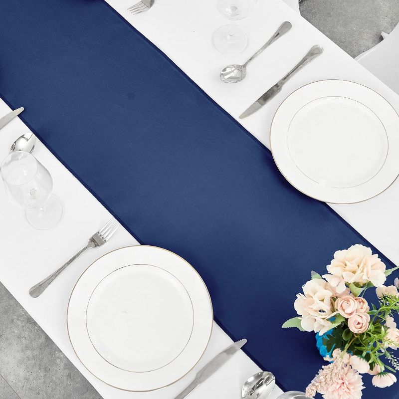 Photo 1 of 10-Pack Navy Blue Satin Table Runner 12 x 108 Inch Long Bright and Smooth Silk Fabric Table Runner for Wedding Banquet Birthday Party Decoration 