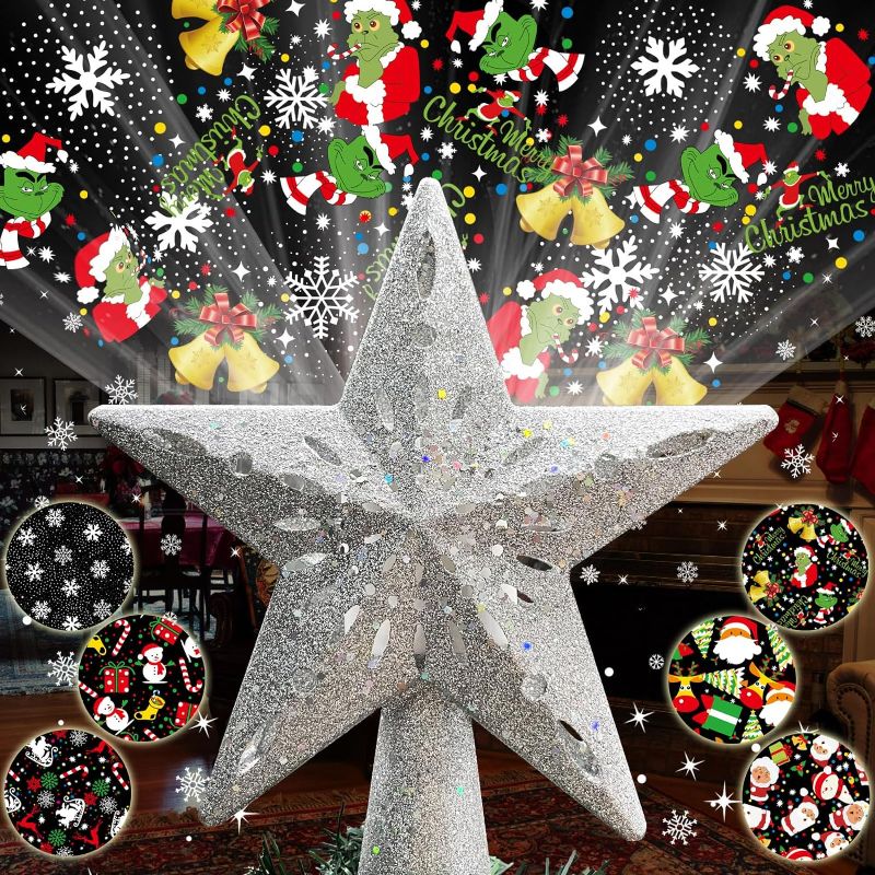 Photo 1 of 10" Christmas Tree Topper Star Lighted with 6 Projection Modes, Light Up Christmas Tree Topper Built-in LED Rotation Light, 3D Glitter Dynamic Grinch Projector Tree Top for Xmas Party Decorations Gift