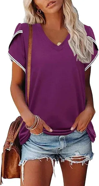 Photo 1 of Beaully Womens Summer Short Petal Sleeve V Neck T Shirts Casual Loose Basic Shirts Tee Tops Small