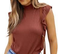 Photo 1 of Asvivid Womens Summer Tops Ruffle Sleeve Ribbed Slim Fit Mock Neck Knit Ribbed Shirt XL