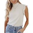 Photo 1 of Asvivid Womens Summer Tops Ruffle Sleeve Ribbed Slim Fit Mock Neck Knit Ribbed Shirt Medium