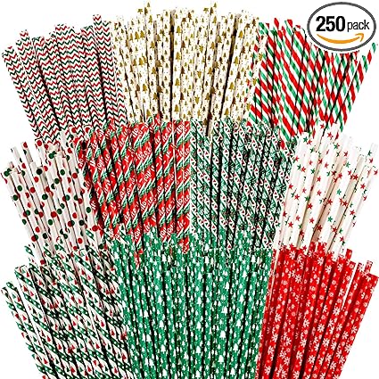 Photo 1 of 250 Pieces Christmas Drinking Straws Christmas Green and Red Striped Dot Paper Drinking Straws with Christmas Tree Star Snowflake Gift Crutches Pattern for Christmas Party Supplies, 10 Styles
