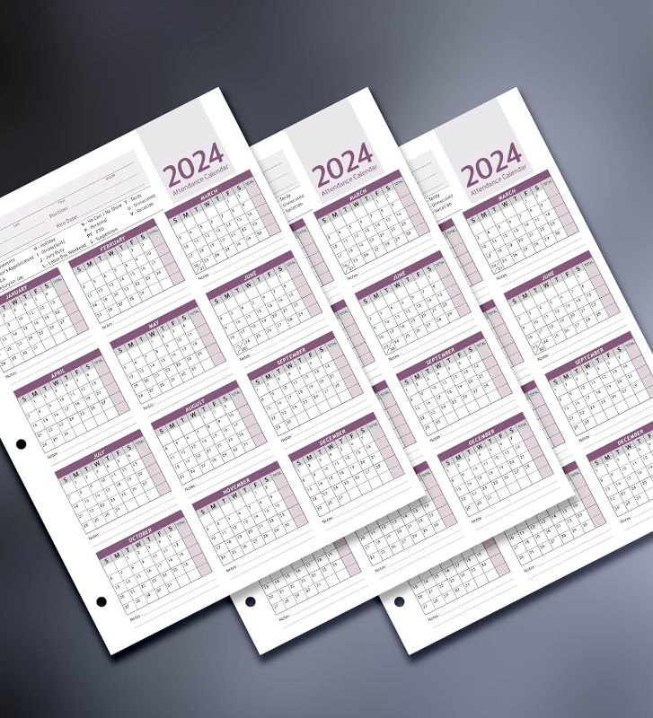 Photo 1 of Attendance Calendar Employee Card Attendance Record Tracker 2024, Heavy 100lb Cardstock Paper 8.5 x 11 inches (Purple, Pack of 25 Sheets)
