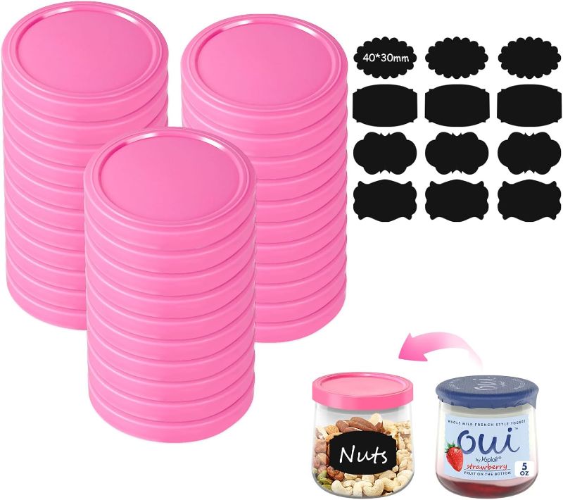 Photo 1 of 32 Pcs Yogurt Jars Lids, Plastic Yogurt Container Lids Compatible with Oui Yogurt Jars, Sealed Replacement Covers for Yogurt Jars Reusable Jar Lids with Label - Pink
