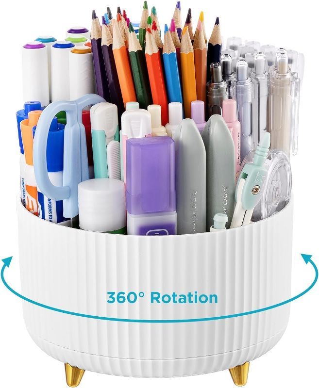 Photo 2 of Arimilk Pen organizer for desk,360 Degree Rotating Desk Organizer,Rotating Desk Pen Organizer with 5 Slots,Pencil Cup for Office, School, Home (White)
