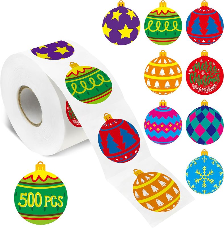 Photo 1 of 500 PCS Ornaments Ball Stickers, 8 Vibrant Designs Stickers Merry Christmas Winter Decoration for Xmas Display Envelope Seal Christmas Party Supplies Gifts Decors with Perforation line (1.5” Each) - 2pks